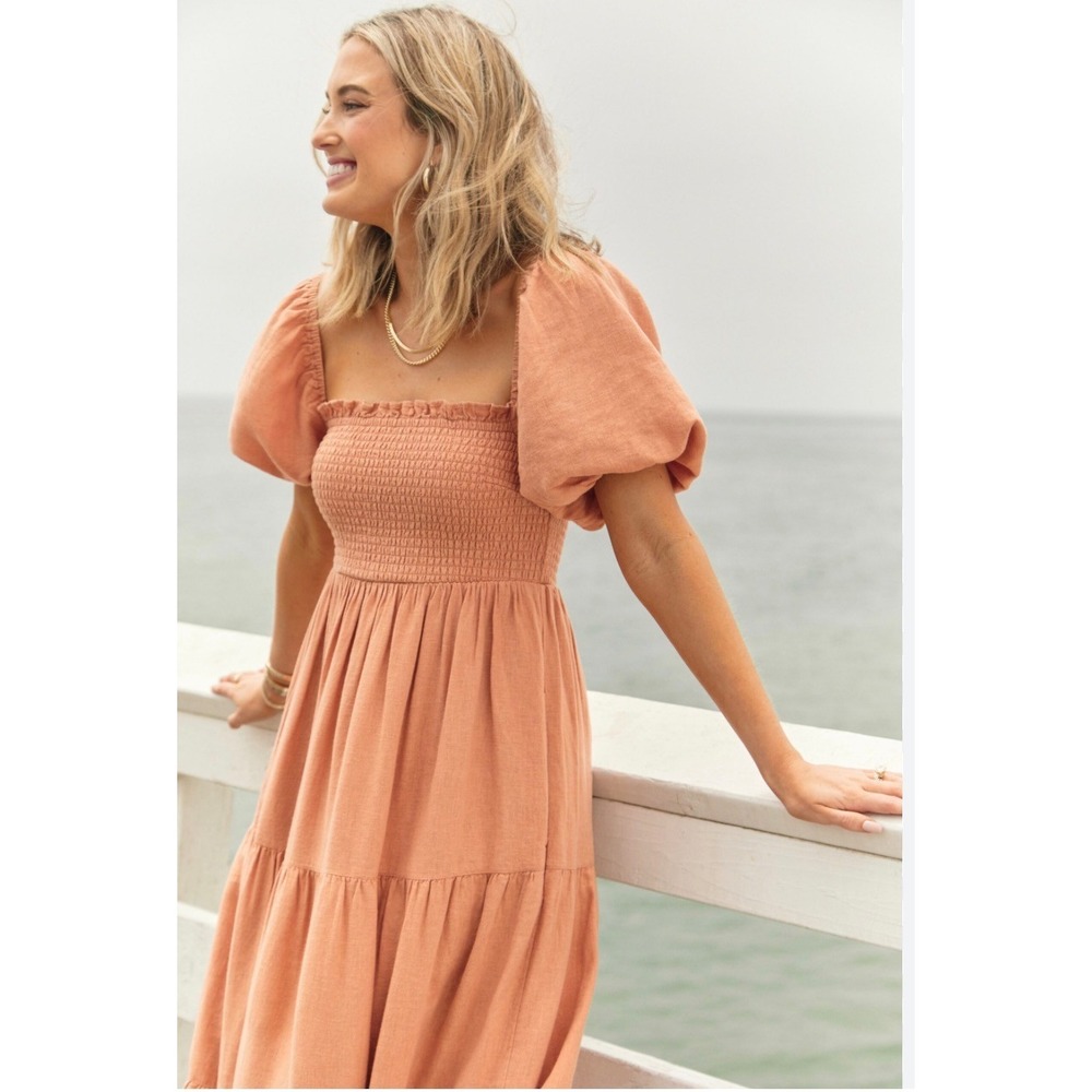Abercrombie & Fitch Smocked Puff Sleeve Linen Blend Midi Dress Terracotta S